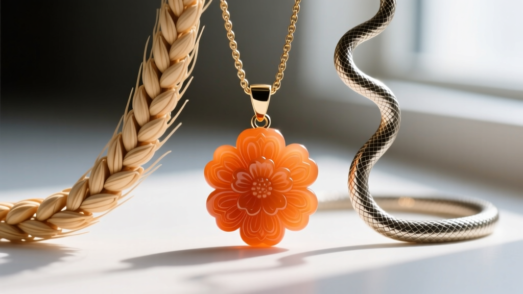 Macro comparison of a woven wheat chain and a tubular snake chain beside an intricate orange carnelian floral pendant bail.