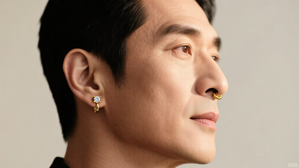 Side profile of a man with a strong jawline wearing a subtle 14k yellow gold bezel-set diamond stud and a small tragus hoop.
