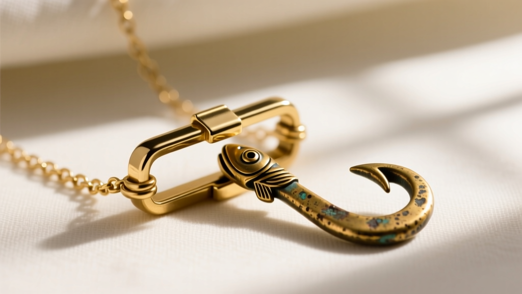 Macro shot of a lobster clasp on a 2mm gold box chain, attached to a vintage fish hook necklace against a blurred linen backdrop