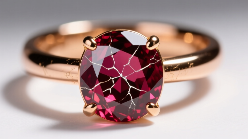 Macro view of fracture-filled ruby in 14k rose gold hoop, showing glass fissures and luster differences under bright light.