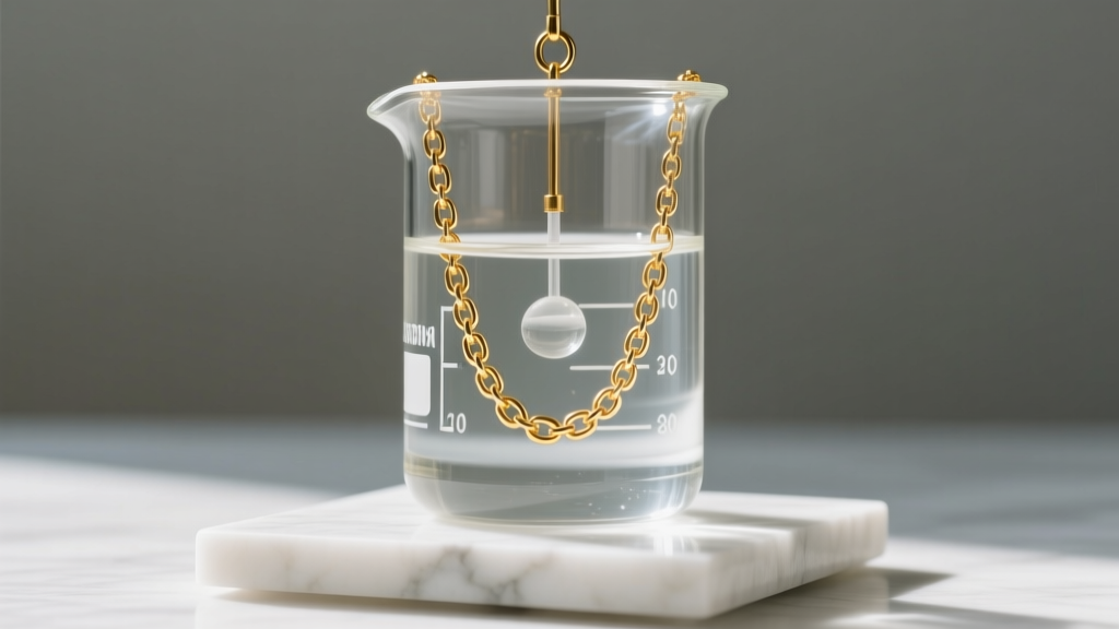 Digital precision scale showing a gold chain submerged in distilled water inside a glass beaker for a specific gravity density test