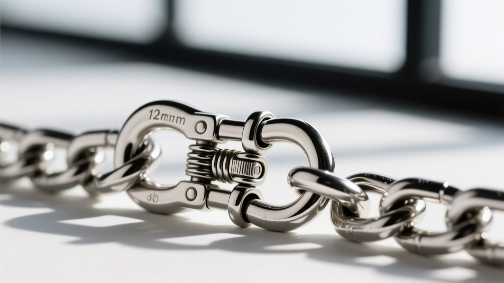 Detailed view of a heavy-duty 12mm lobster clasp attached to an 8mm sterling silver curb chain, showing the spring mechanism.