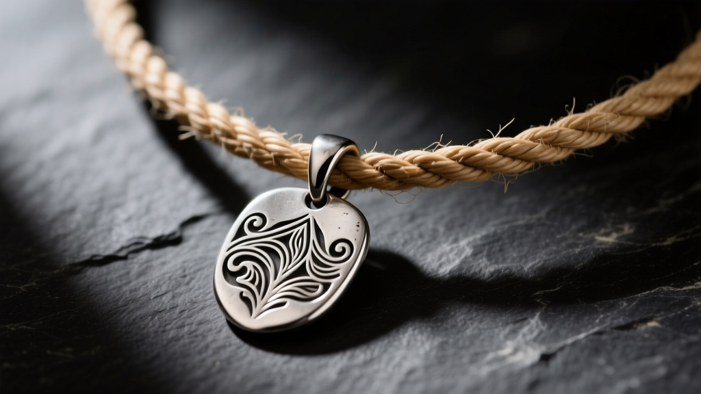 Close-up of an unbleached rawhide necklace cord holding a rustic silver pendant on dark slate, illuminated by soft directional lighting.