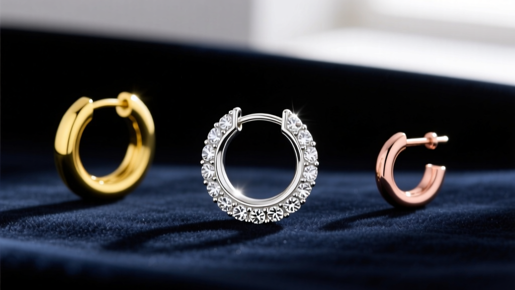 Three 8mm hoops on velvet: a diamond white gold huggie, a plain yellow gold continuous hoop, and a rose gold clicker earring.