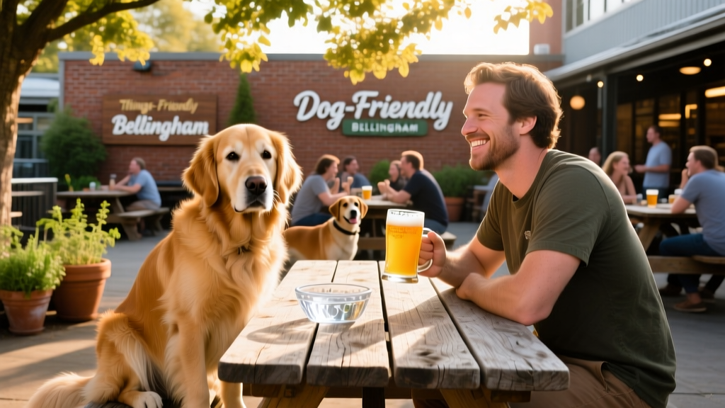 A golden retriever sitting calmly at a wooden table in a sunny brewery beer garden, with a water bowl and owner enjoying a craft beer