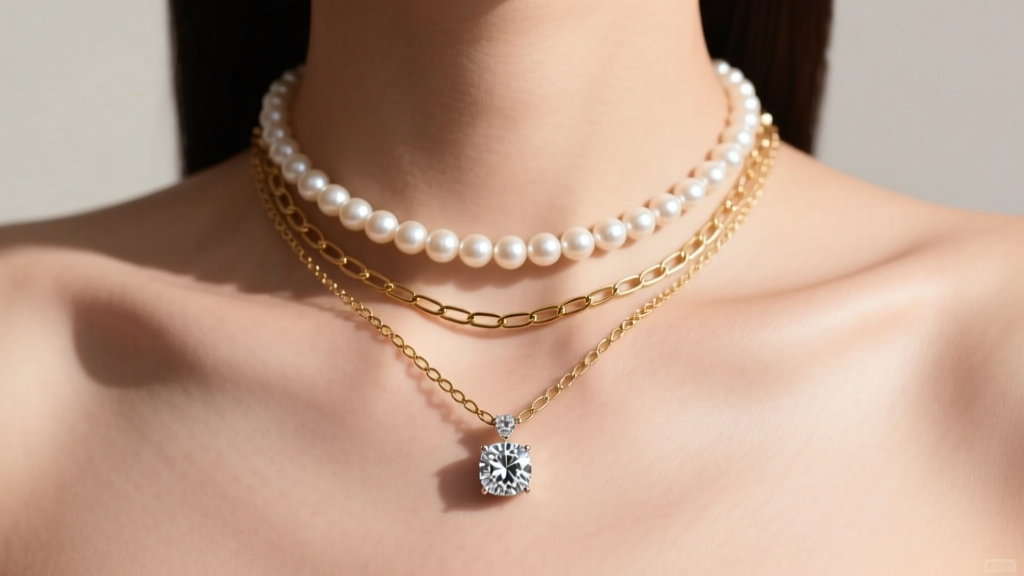 Neckline showcasing a layered necklace stack with a bezel-set diamond pendant, a gold paperclip chain, and a small pearl choker.