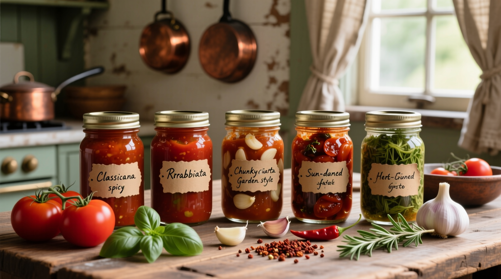 Various tomato sauce types in glass jars with fresh ingredients