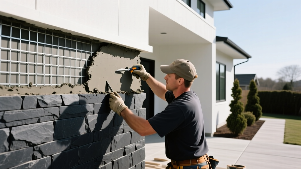 Professional mason installing dark charcoal manufactured stone veneer on a modern exterior home facade with metal lath and mortar visible