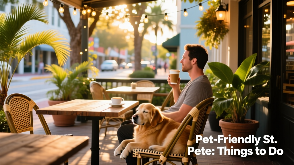 A relaxed outdoor coffee shop patio with string lights, potted plants, and a dog resting beside its owner’s chair