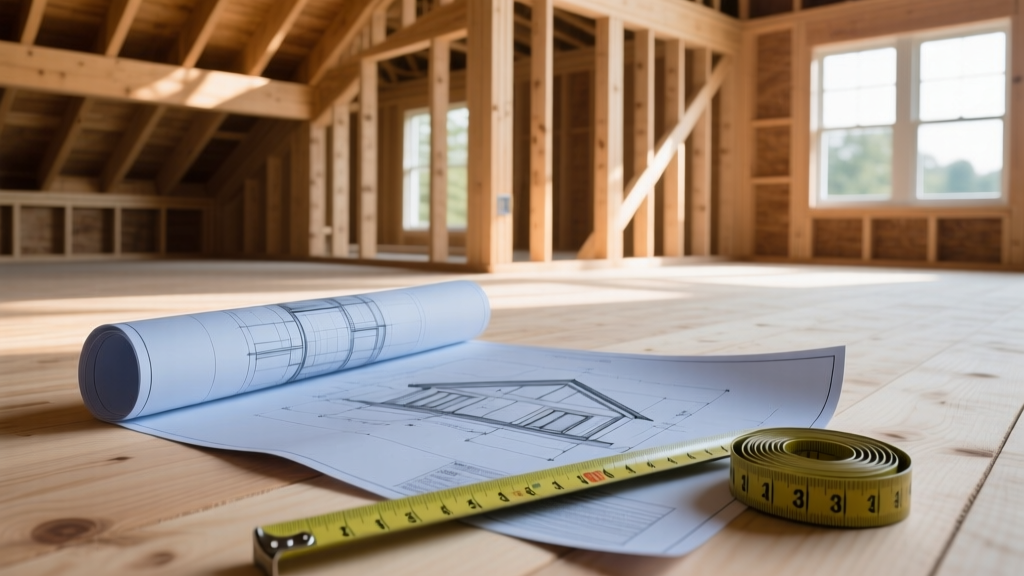 Blueprints spread on a plywood subfloor next to a measuring tape, with a partially framed timber house addition in the background