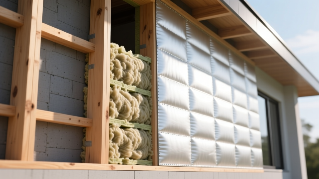 Cross-section of wood-framed wall showing dense mineral wool batts between studs and continuous polyiso rigid foam sheathing