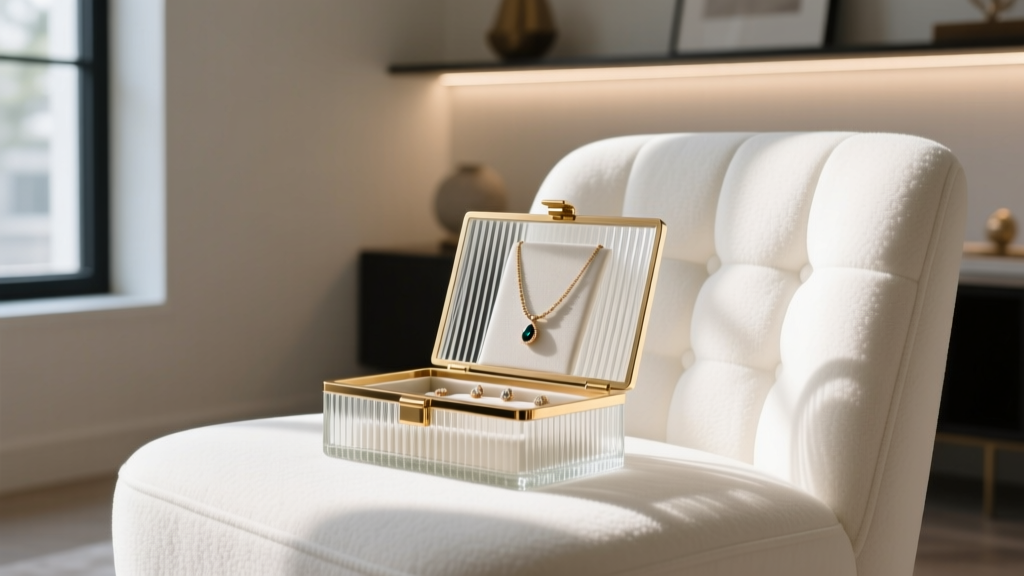 Fluted glass and brass necklace storage case on white boucle chair, showcasing modern interior design jewelry organization trends