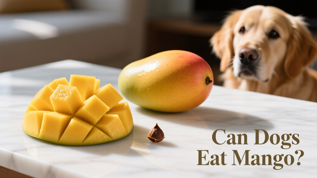 Fresh, peeled mango slices arranged on a clean surface next to a whole mango and pit