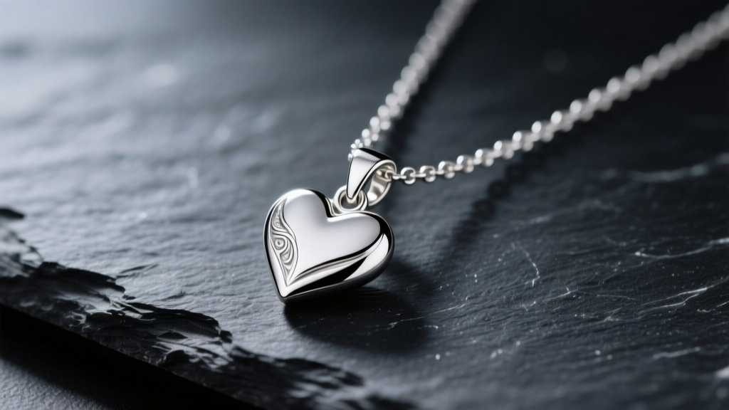 Macro shot of a polished sterling silver necklace with heart pendant on dark slate under soft studio lighting.