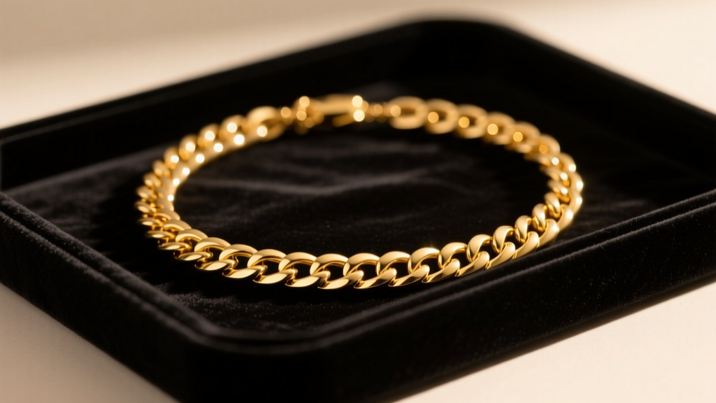 A pristine, highly polished 14k gold Cuban link necklace draped over a dark velvet jewelry tray, reflecting warm studio lighting