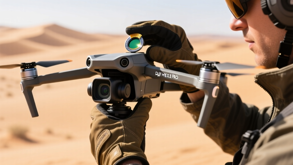 A close-up of a drone pilot swapping magnetic ND filters on a DJI Mavic 3 Pro gimbal in bright desert sunlight without touching the lens.