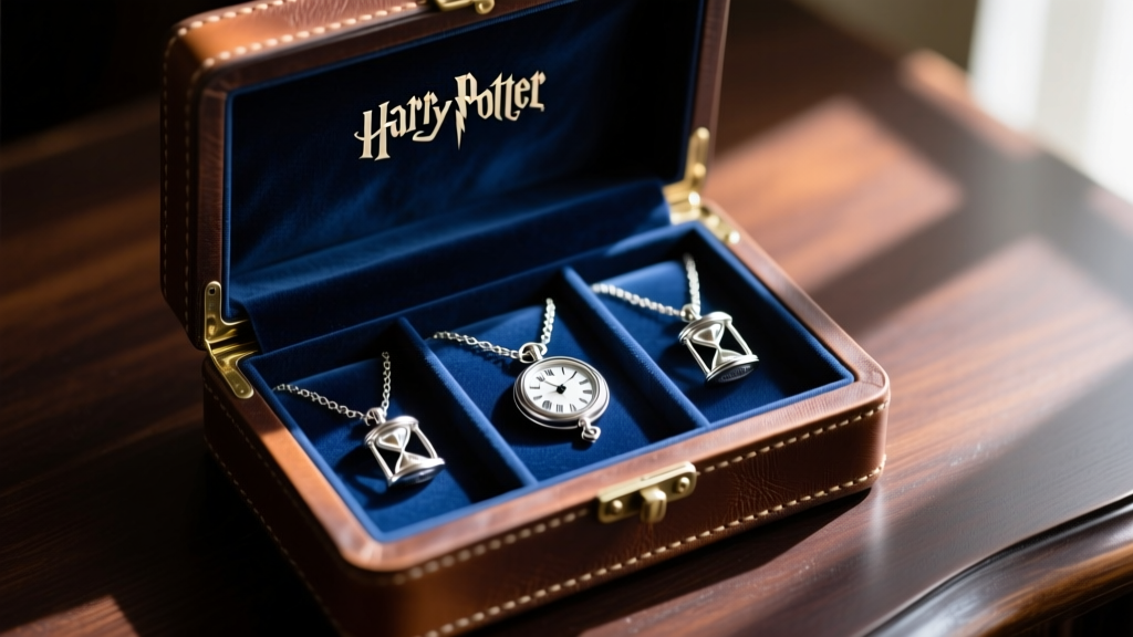 Open vintage leather Harry Potter jewelry box on dark wood, showing velvet slots with silver Time-Turner necklaces.