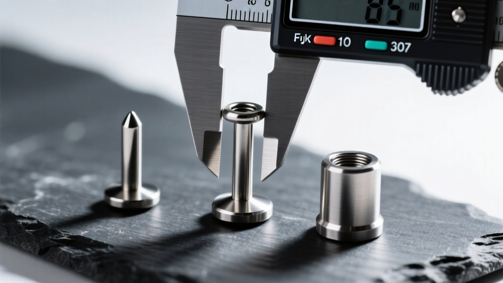 Macro shot of three titanium labret studs of varying thicknesses on dark slate, with a digital caliper measuring the middle post