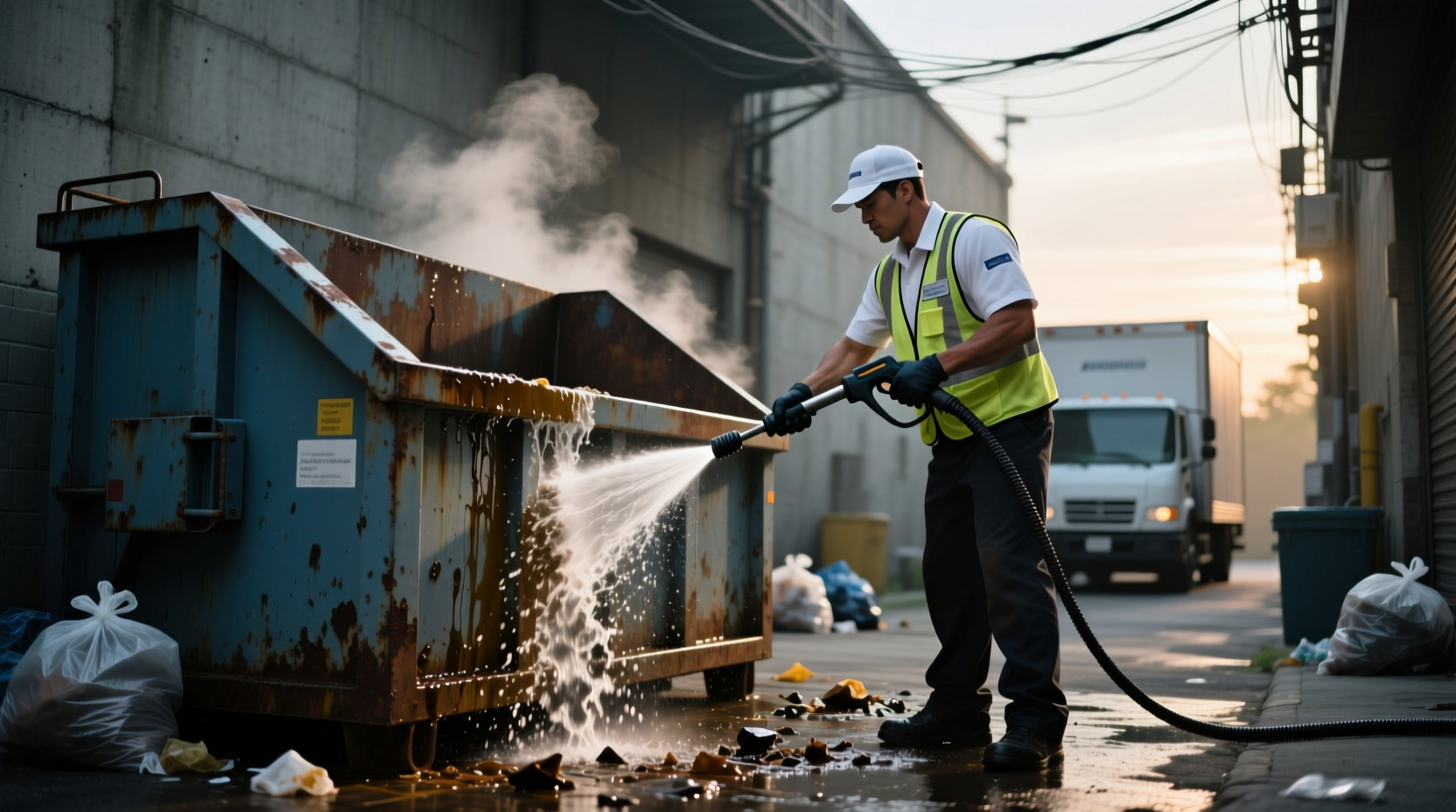 Food worker cleaning commercial dumpster with pressure washer