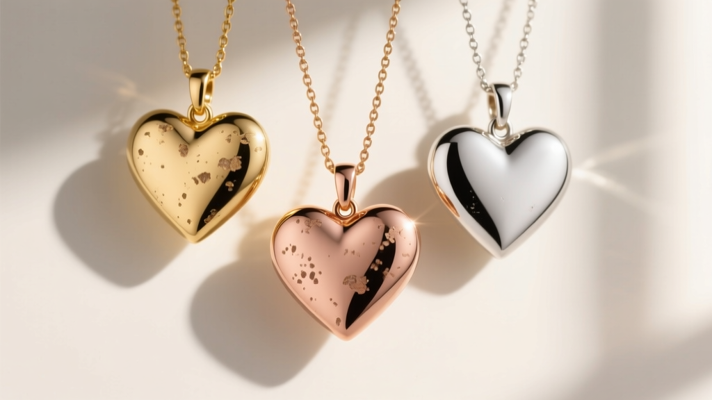 Three heart pendants in gold, rose gold, and silver showing subtle galvanic tarnish where the metals touch on a chain.