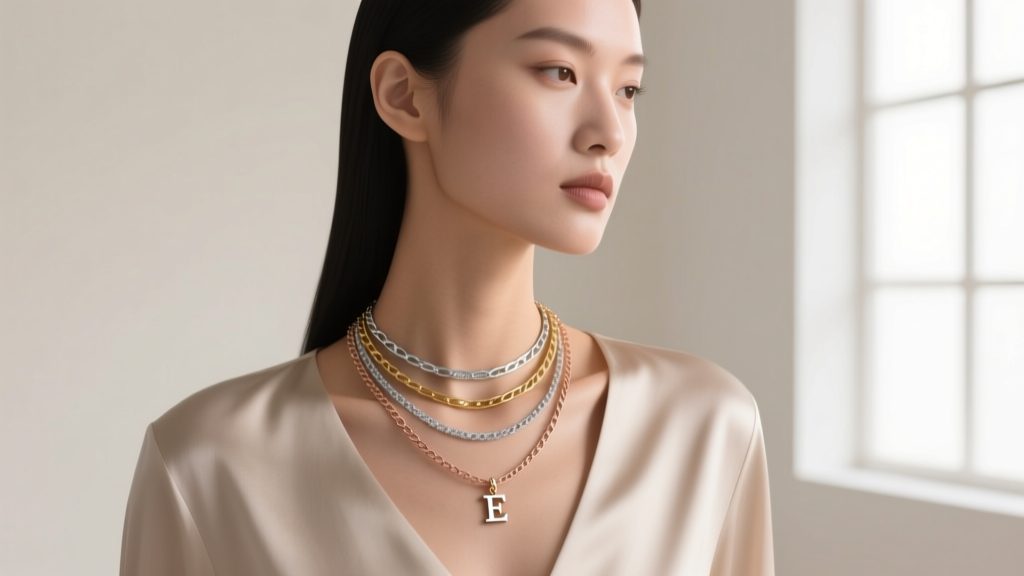 Side profile of a model wearing three layered necklaces of varying lengths, featuring mixed metals and a small personalized charm.