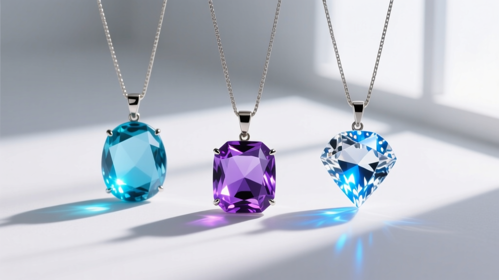 Glass paste, cubic zirconia, and moissanite pendants compared under UV light, revealing distinct fluorescence levels and clarity.