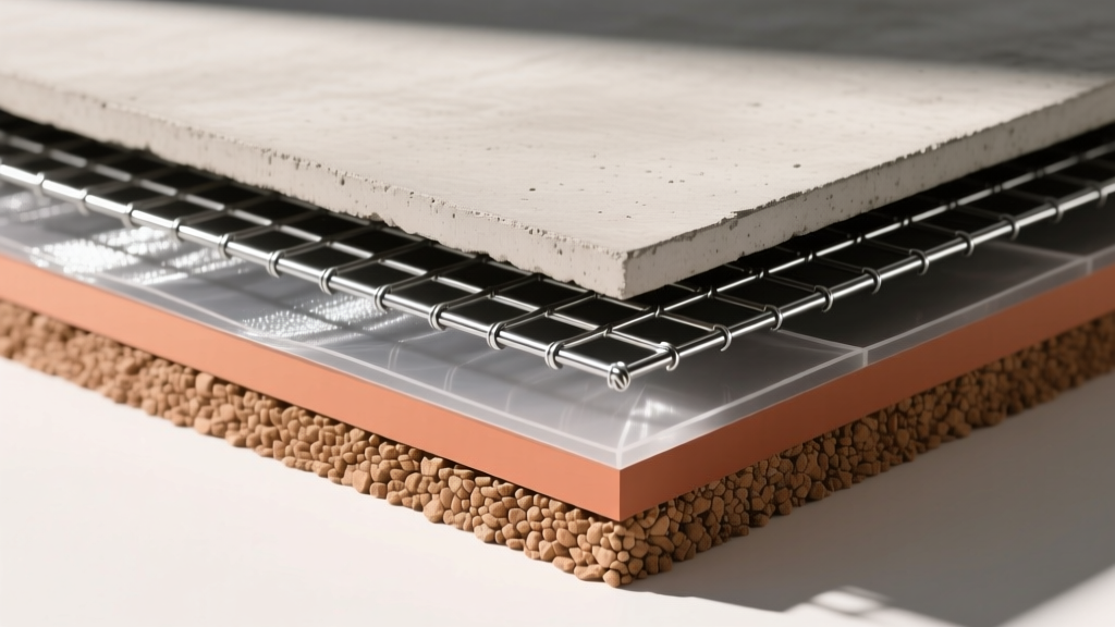 Cross-section diagram of foundation makeup layers including compacted gravel base, poly vapor barrier, rebar grid, and poured concrete slab