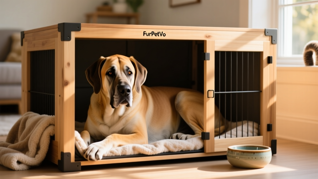 Close-up of a gentle giant resting comfortably inside a FurPetVo crate with a folded blanket and water bowl nearby