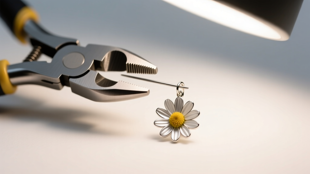 Nylon-jaw pliers gently straightening a bent 24-gauge silver daisy petal on a floral earring, illuminated by a bright desk lamp.