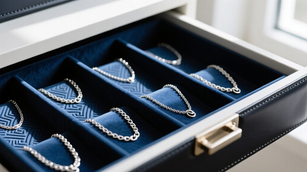 Close-up of anti-tarnish Pacific cloth lining inside a luxury vegan leather jewelry drawer, showing neat silver chain compartments