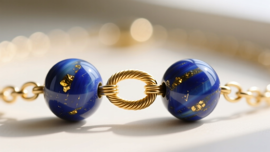 Macro photography of a 14k gold-filled wire link connecting two round lapis lazuli beads in a handmade rosary style necklace.