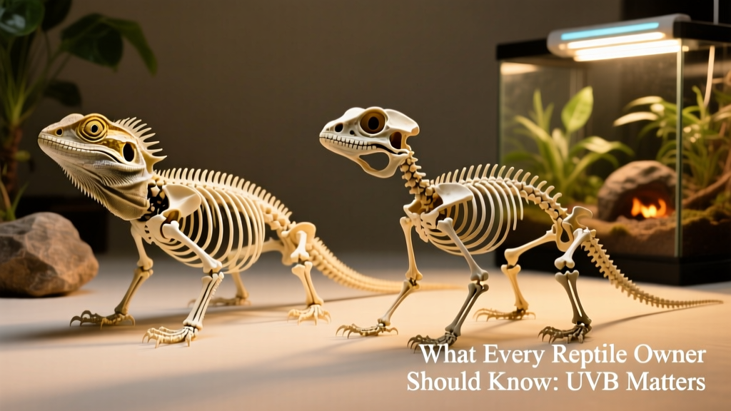 Side-by-side comparison of healthy vs. MBD-affected reptile skeletons, illustrating bone density differences