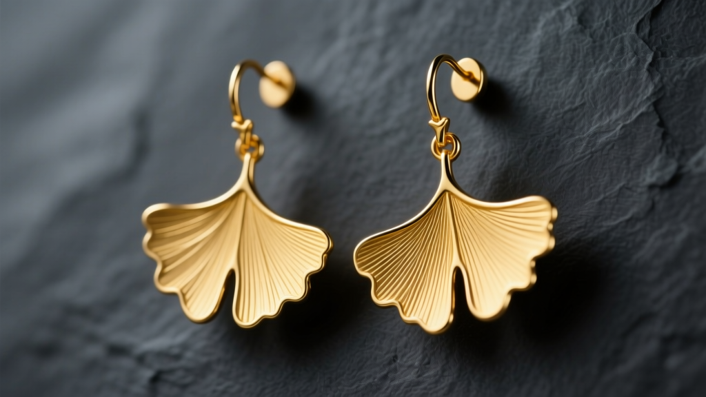 Close-up of 14k yellow gold ginkgo leaf earrings showing intricate dichotomous veining against a dark slate background.