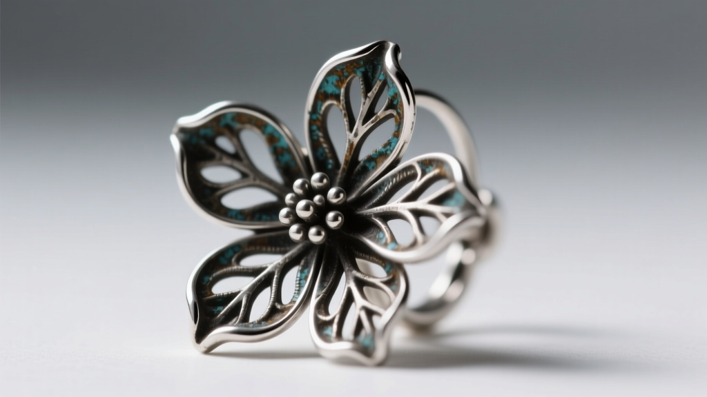 Macro view of a tarnished sterling silver dogwood earring showing dark oxidation trapped inside the delicate floral petal lines.