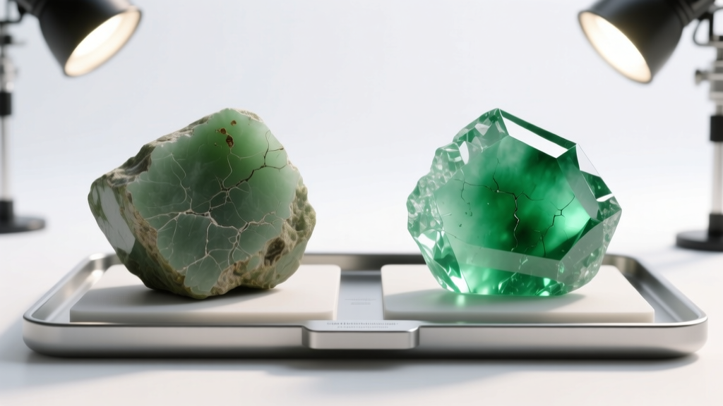 Side-by-side comparison of raw, unpolished nephrite and jadeite stones on a gemological sorting tray under bright daylight lamps