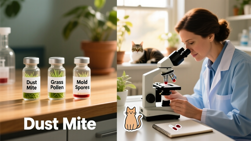 Side-by-side comparison showing vials labeled with common allergens (dust mite, grass pollen, mold spores) next to a lab technician analyzing a feline blood sample