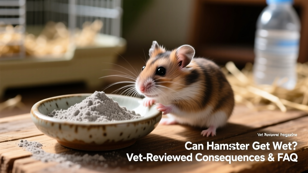 Small ceramic dish filled with fine, gray dust bath powder beside a curious dwarf hamster