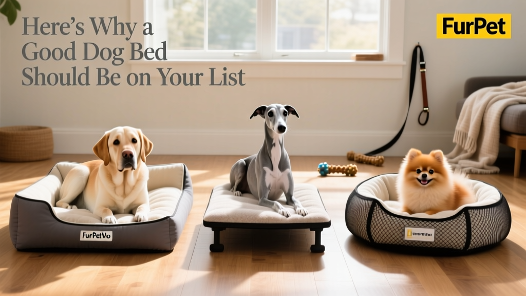 Side-by-side comparison of different FurPetVo dog bed styles: orthopedic, elevated, and bumper bed