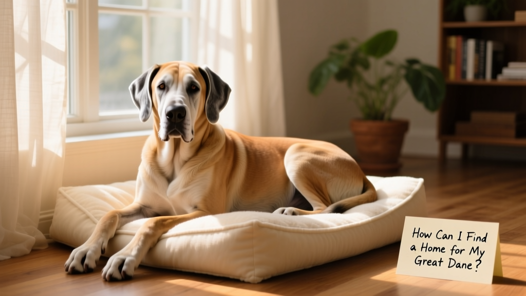 A senior Great Dane resting peacefully on a cozy dog bed beside a window with soft natural light