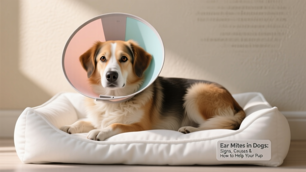 Dog wearing a soft recovery cone while resting on a clean, washable pet bed