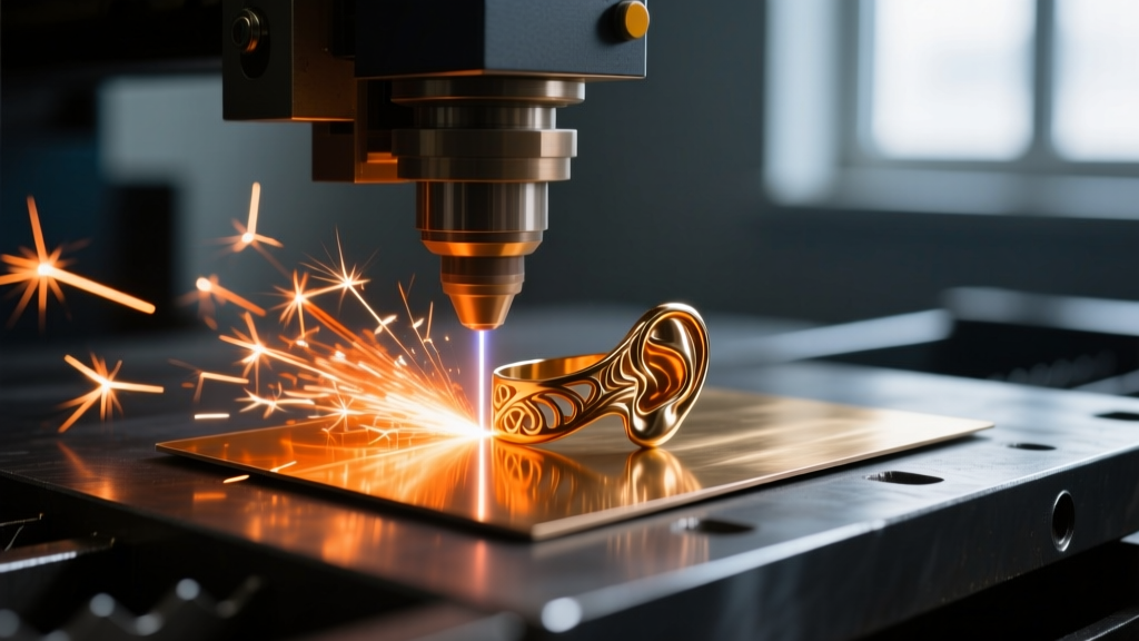 Fiber laser cutting an ear cuff from a 1mm brass sheet, with bright orange sparks illuminating the dark metalworking bench.