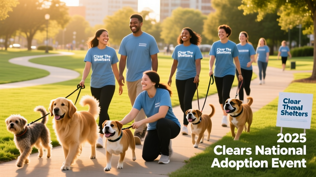 Volunteers smiling while walking multiple leashed dogs at a sunny park during a Clear the Shelters community walk
