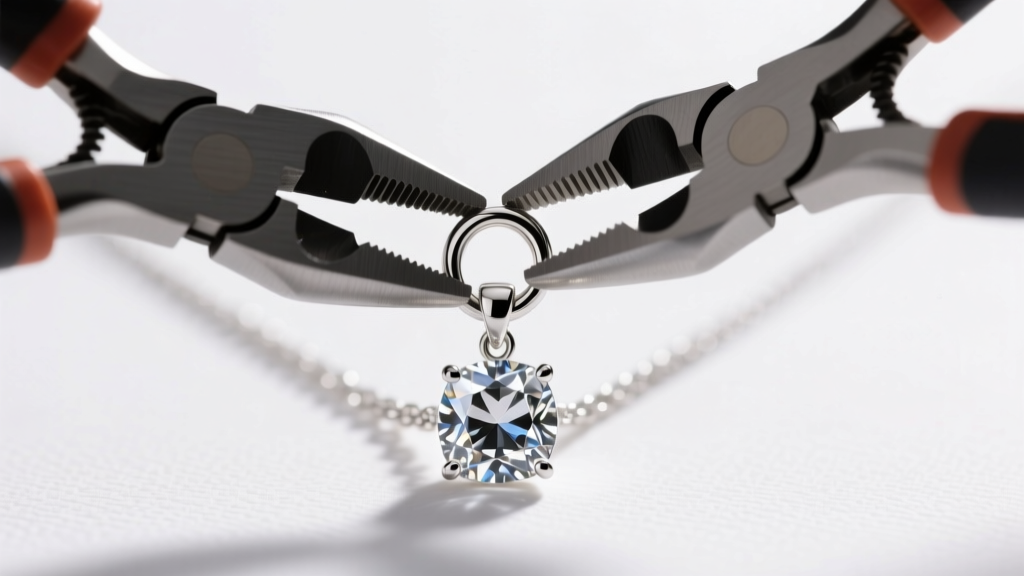 Two flat-nose pliers twisting open a 6mm 20-gauge sterling silver jump ring attached to a heavy cubic zirconia pendant necklace.