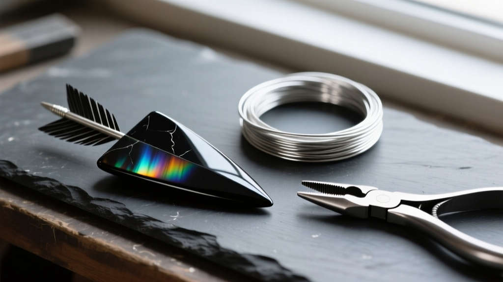 Black obsidian arrowhead, 20-gauge dead soft Argentium silver wire, and jewelry pliers resting on a dark slate workbench surface.
