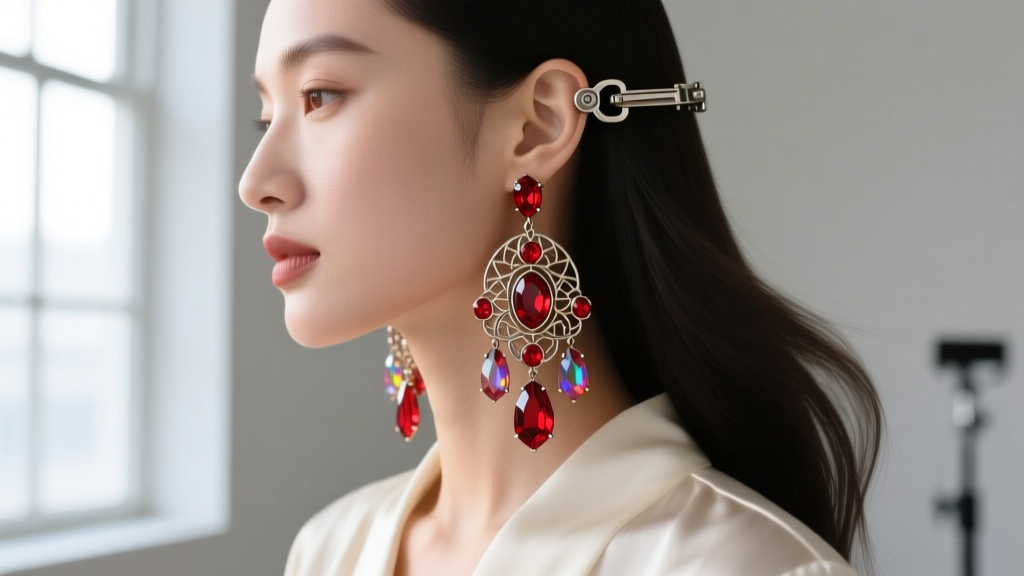 Side profile of a model wearing heavy, articulated crimson fantasy drop earrings, showing the reinforced leverback clasp