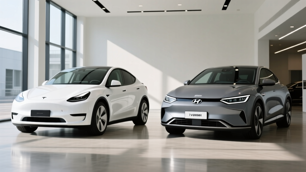 Side-by-side exterior comparison of a white Tesla Model Y and a gray Hyundai Ioniq 5 parked in a showroom setting