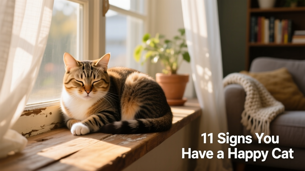 A cat curled up on a sunny windowsill, eyes half-closed, softly purring