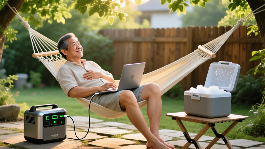Father relaxing in a backyard hammock while a portable power station charges his laptop and a small electric cooler nearby.
