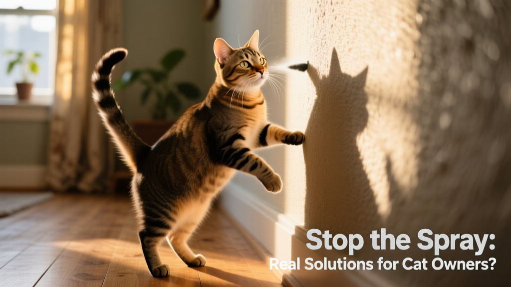 Close-up of a cat standing upright, tail raised and twitching, mid-spray on a wall corner