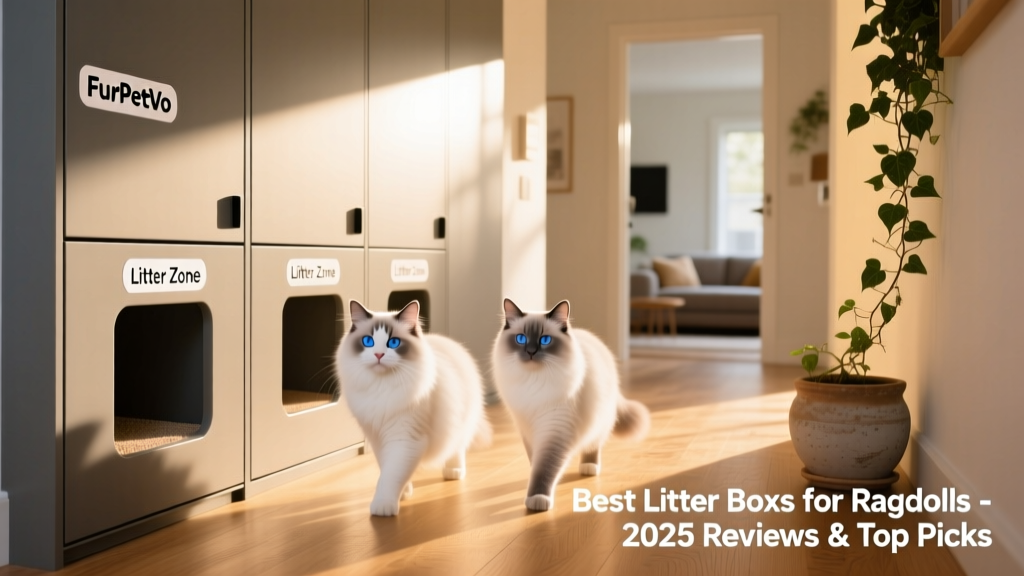 FurPetVo Modular Litter Hub installed in a sunlit hallway, with two Ragdolls approaching separate compartments